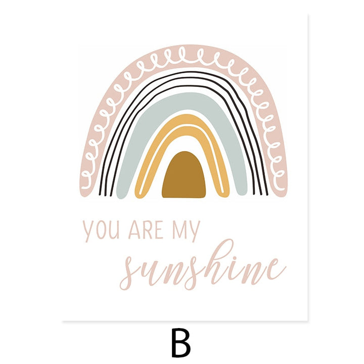 Boho Pink Rainbow Clouds Sunshine Nursery - Lerret Veggkunst Trykk | Skanto