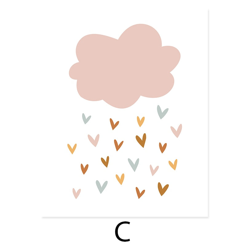 Boho Pink Rainbow Clouds Sunshine Nursery - Lerret Veggkunst Trykk | Skanto