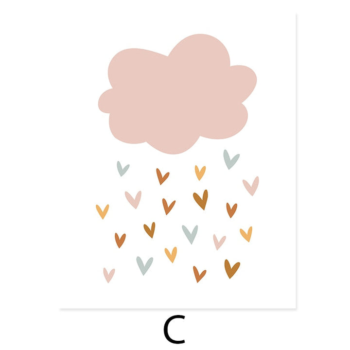Boho Pink Rainbow Clouds Sunshine Nursery - Lerret Veggkunst Trykk | Skanto