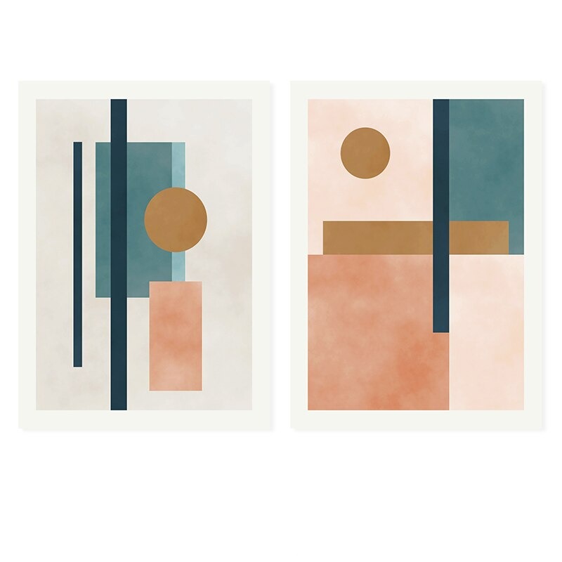 Moderne abstrakt kunstmaleri i beige, rosa og blått med geometrisk form