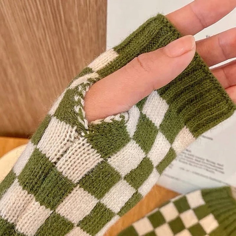 Skanto | Kvinners Rute Vinterhansker – Varme Fingerløse Strikket Rutet Design