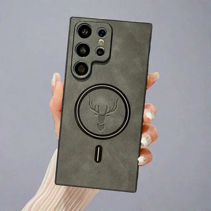 Lærveske for Samsung telefon | Magnetisk trådløs ladelokk