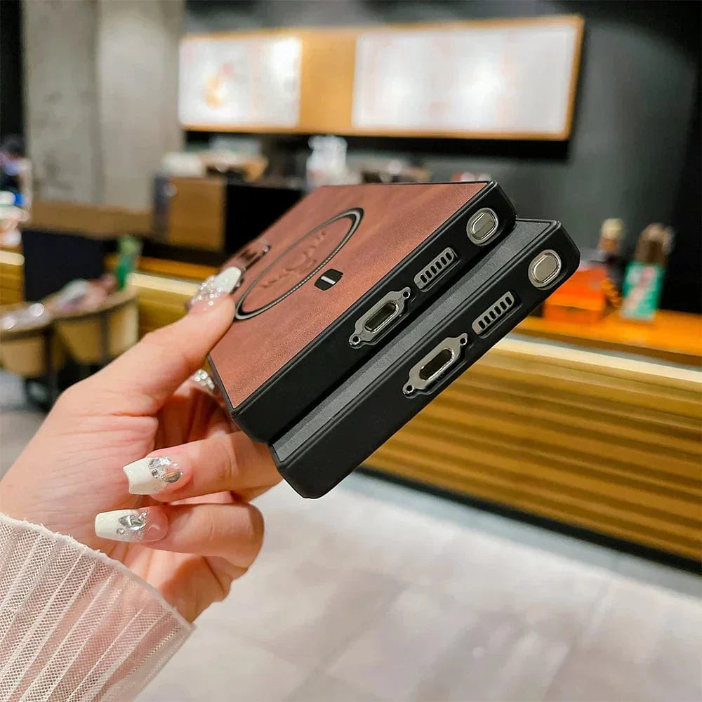Lærveske for Samsung telefon | Magnetisk trådløs ladelokk