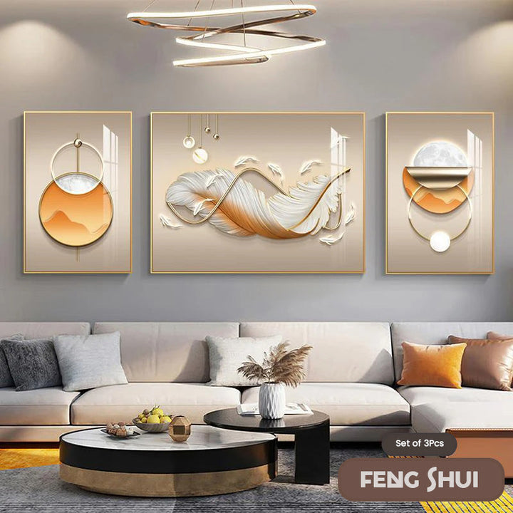 Sett med 3 stk Moderne Estetikk Triptyk Lys Luksus Feder Abstrakt Veggkunst Fine Art Lerretsutskrifter Feng Shui Bilder For Moderne Stue | Skanto