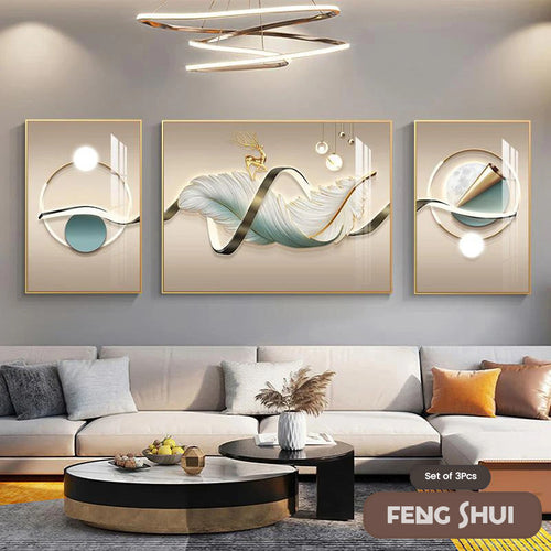 Sett med 3 stk Moderne Estetikk Triptyk Lys Luksus Feder Abstrakt Veggkunst Fine Art Lerretsutskrifter Feng Shui Bilder For Moderne Stue | Skanto