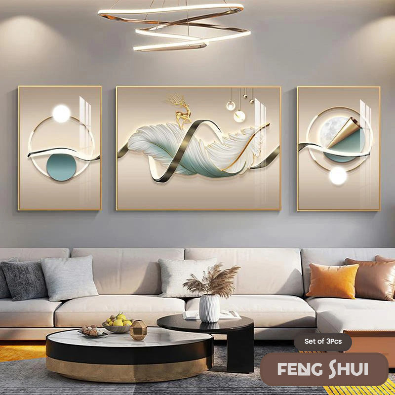 Sett med 3 stk Moderne Estetikk Triptyk Lys Luksus Feder Abstrakt Veggkunst Fine Art Lerretsutskrifter Feng Shui Bilder For Moderne Stue | Skanto