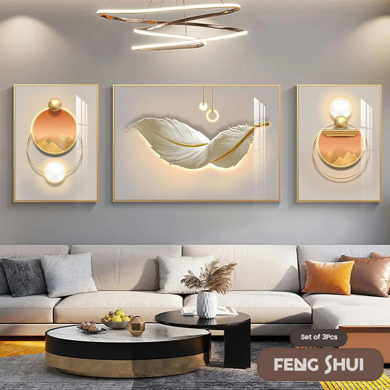 Sett med 3 stk Moderne Estetikk Triptyk Lys Luksus Feder Abstrakt Veggkunst Fine Art Lerretsutskrifter Feng Shui Bilder For Moderne Stue | Skanto
