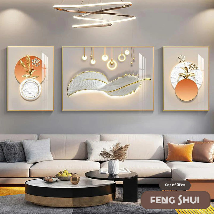 Sett med 3 stk Moderne Estetikk Triptyk Lys Luksus Feder Abstrakt Veggkunst Fine Art Lerretsutskrifter Feng Shui Bilder For Moderne Stue | Skanto