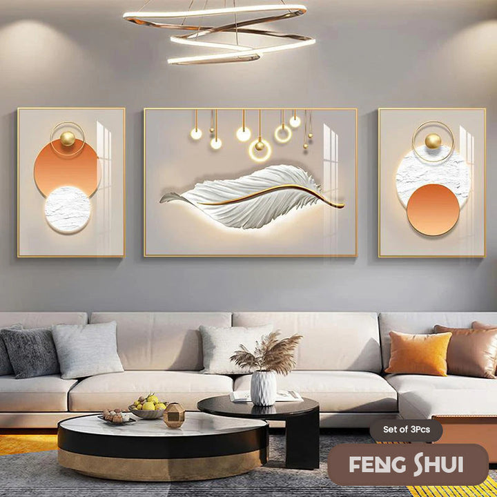 Sett med 3 stk Moderne Estetikk Triptyk Lys Luksus Feder Abstrakt Veggkunst Fine Art Lerretsutskrifter Feng Shui Bilder For Moderne Stue | Skanto