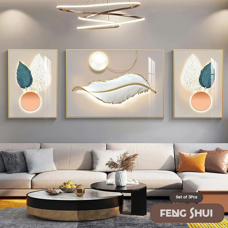 Sett med 3 stk Moderne Estetikk Triptyk Lys Luksus Feder Abstrakt Veggkunst Fine Art Lerretsutskrifter Feng Shui Bilder For Moderne Stue | Skanto