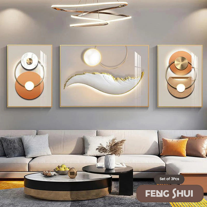Sett med 3 stk Moderne Estetikk Triptyk Lys Luksus Feder Abstrakt Veggkunst Fine Art Lerretsutskrifter Feng Shui Bilder For Moderne Stue | Skanto
