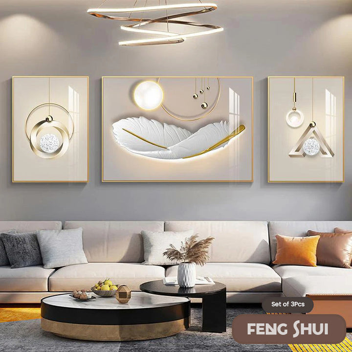 Sett med 3 stk Moderne Estetikk Triptyk Lys Luksus Feder Abstrakt Veggkunst Fine Art Lerretsutskrifter Feng Shui Bilder For Moderne Stue | Skanto
