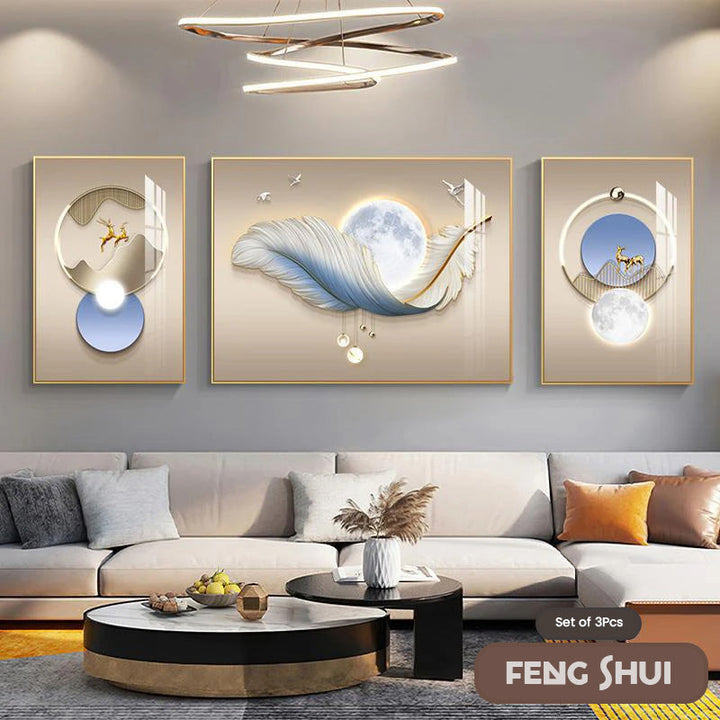 Sett med 3 stk Moderne Estetikk Triptyk Lys Luksus Feder Abstrakt Veggkunst Fine Art Lerretsutskrifter Feng Shui Bilder For Moderne Stue | Skanto