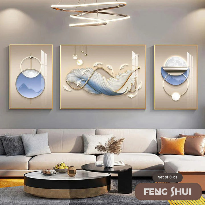 Sett med 3 stk Moderne Estetikk Triptyk Lys Luksus Feder Abstrakt Veggkunst Fine Art Lerretsutskrifter Feng Shui Bilder For Moderne Stue | Skanto