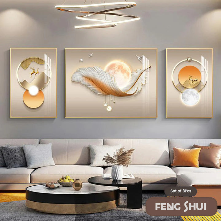 Sett med 3 stk Moderne Estetikk Triptyk Lys Luksus Feder Abstrakt Veggkunst Fine Art Lerretsutskrifter Feng Shui Bilder For Moderne Stue | Skanto