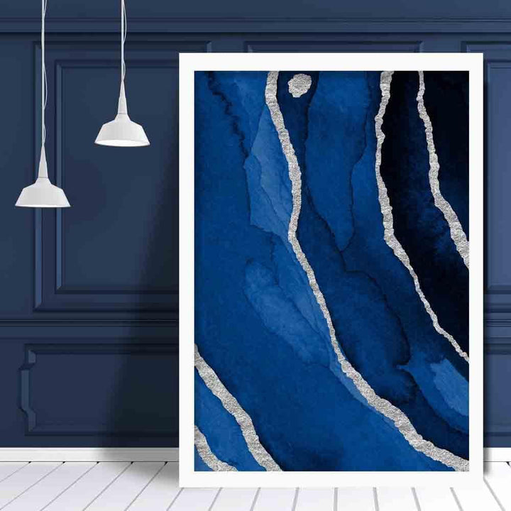 Abstrakt kunsttrykk i marineblått og sølv nr. 3