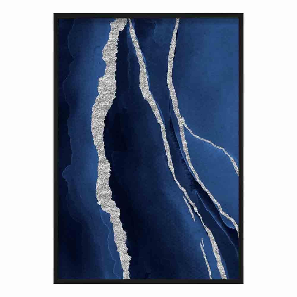 Abstrakt kunsttrykk i marineblått og sølv nr. 1