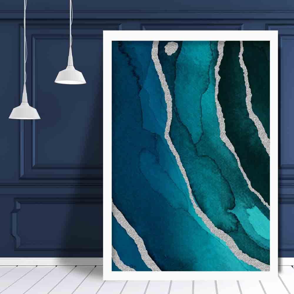 Abstrakt kunsttrykk i turkis og sølv nr. 3