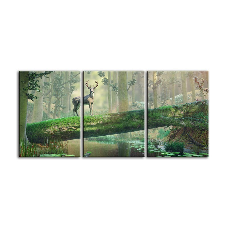 Fortryllende Skog Hjort-Canvas Veggkunst Maleri 3 Deler