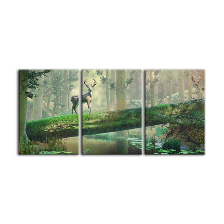 Fortryllende Skog Hjort-Canvas Veggkunst Maleri 3 Deler