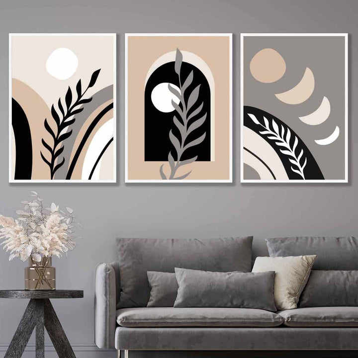Bohemsk, abstrakt sett med 3 veggkunstverk i svart, beige og grått