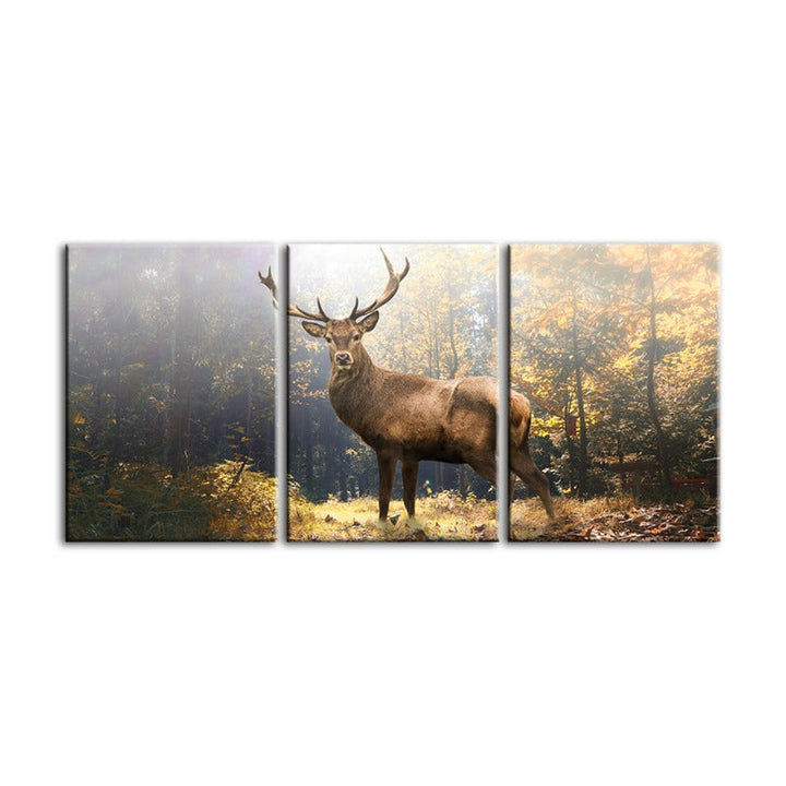 Majestetisk hjort i skogen - Lerret veggkunst maleri 3 deler