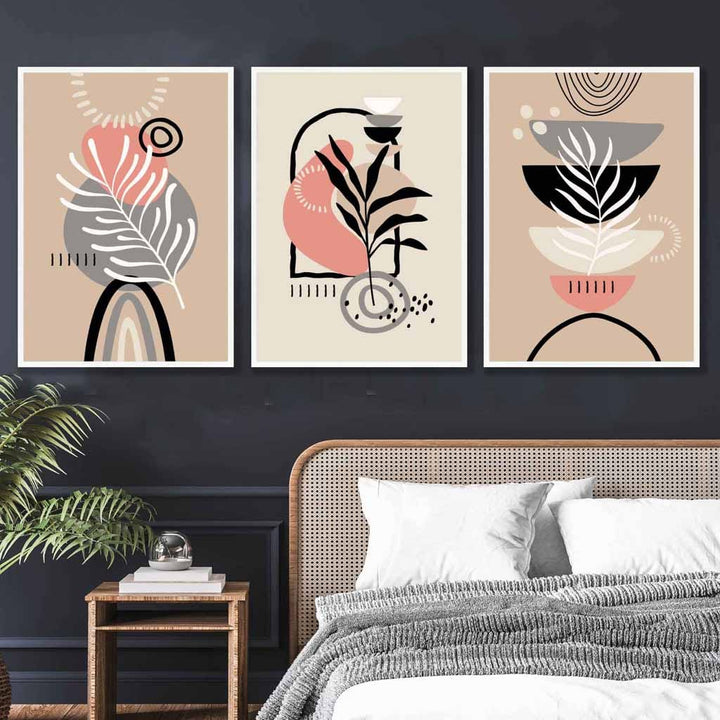 Bohemsk abstrakt sett med 3 veggkunstverk i rosa, svart, beige og grått