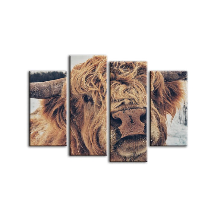 4 Piece Close Up Brown Cow - Canvas Wall Art Painting | Skanto