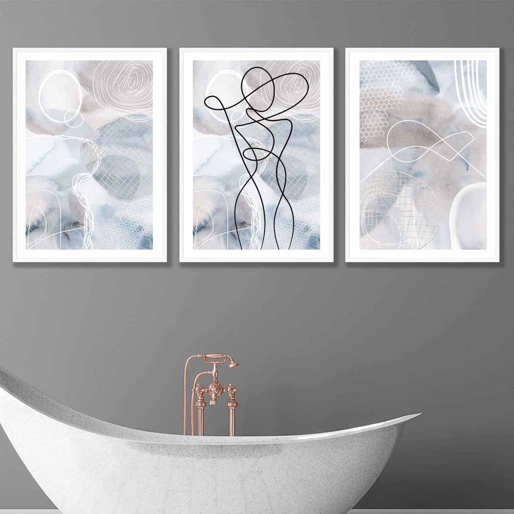 Abstrakt sett med 3 kunsttrykk med motelinjer i blått og beige